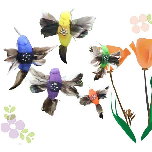 Bahçe Dekorasyonları Güneş enerjili pil uçan yalpalama çırpınan tüylü kanat yapay sahte sinek kuşu bahçesi bitkiler çiçek süsleme dekoru