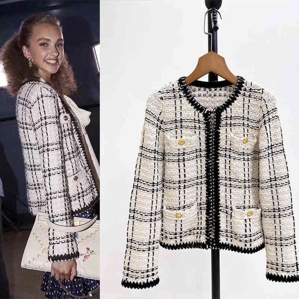 

women's trench coats tb small fragrance black and white contrast color hand woven jacket cardigan, Tan;black