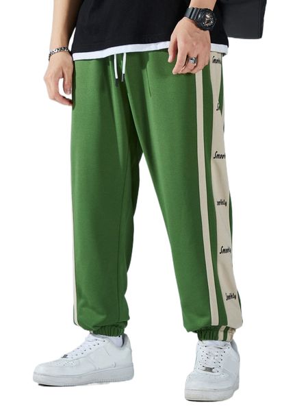 

men letter graphic colorblock drawstring waist sweatpants i9bx#, Black