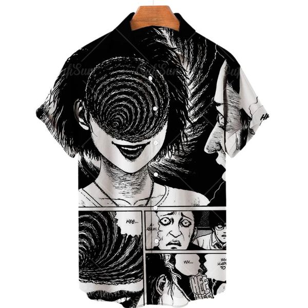 Camisas casuais masculinas horror havaiano camisa masculina mangá anime vintage para homens e mulheres solteiras lapela de lapela de tamanho grande roupas de tamanho grande