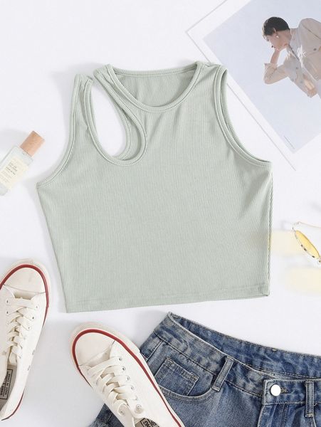 

asymmetrical neck rib-knit crop tank w8id#, White