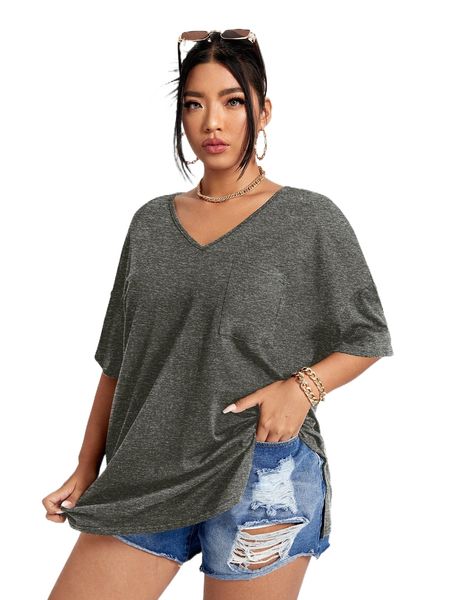 

plus solid v-neck tee j8qs#, Black