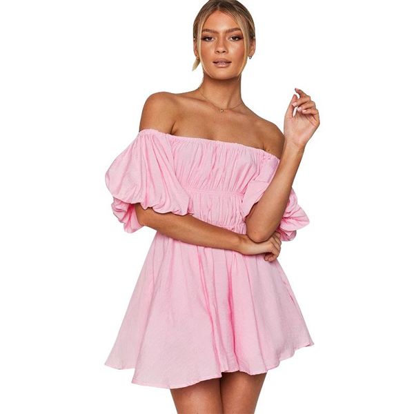 

casual dresses pink color off shoulder dress summer 2022 lantern sleeve high waist mini, Black;gray