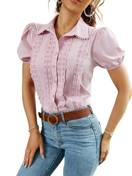 

simplee puff sleeve schiffy detail blouse d6ny#, White