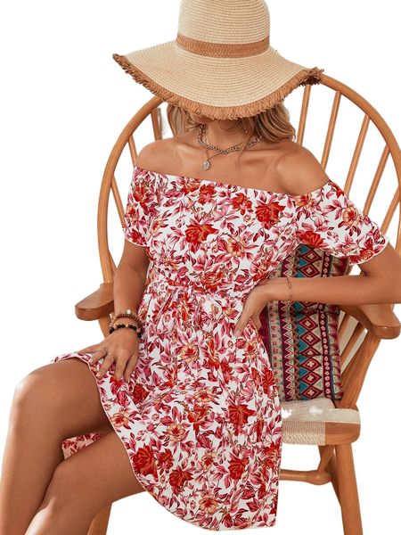 

allover floral print off shoulder belted dress e0ov#, Black;gray