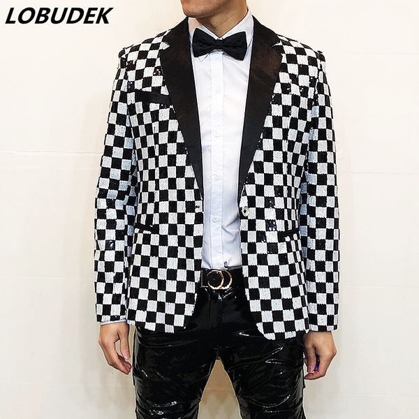 

men's black white plaid sequin suit jacket wedding party formal blazer male singer concert stage performance glitter coat host tuxedo c, White;black
