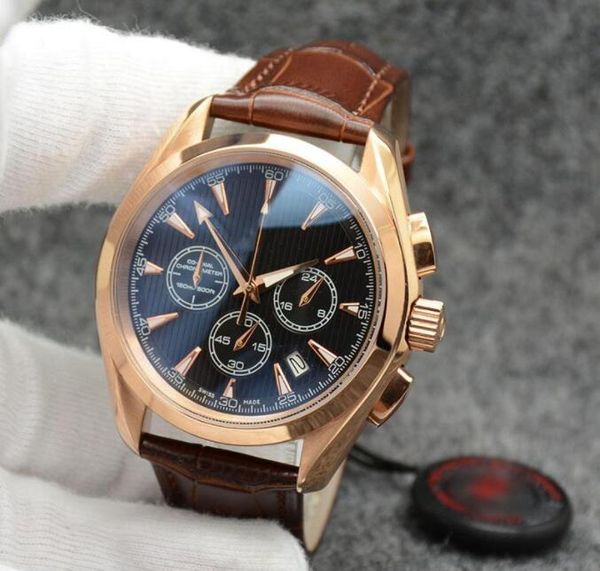 

high grade 44mm quartz chronograph mens watches red hands stainless steel bracelet fixed bezel with a showing tachymeter markings, Slivery;brown