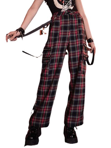 

romwe dark academia tartan chain decor pants d7zt#, Black;white