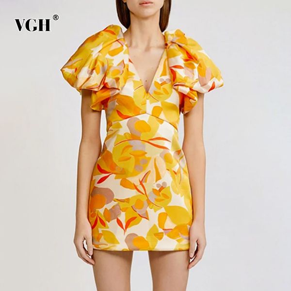 

elegant print dress for women v neck short lantern sleeve high waist pattern casual mini dresses female fashion clothes 210507, Black;gray