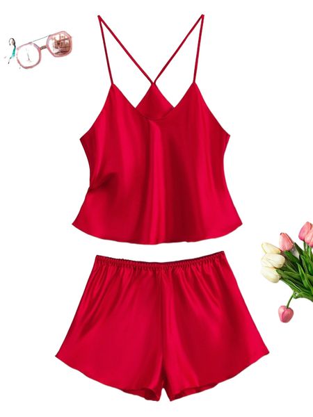 

satin cami with shorts pj set u0th#, Black;red