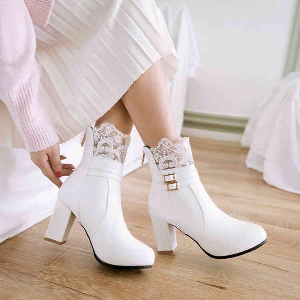 

shoes pxelena dress elegant buckle lace white pink beige bridal wedding ankle boots chunky block square high heels short women 34-4 t1zx, Black