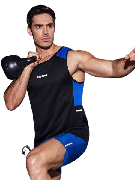 

men reflective letter graphic contrast panel sports tank y6zt#, White;black