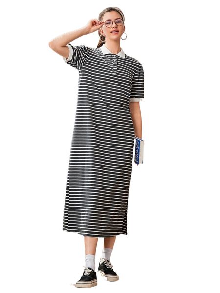 

striped polo neck puff sleeve split hem dress u41b#, Black;gray