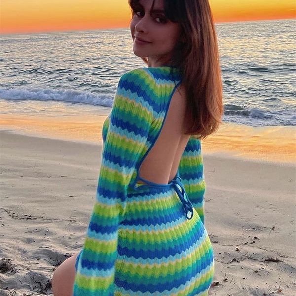 

women dress y2k green stripe knit summer beach dress club party outfits fashion bodycon backless casual mini dress 220429, White;black
