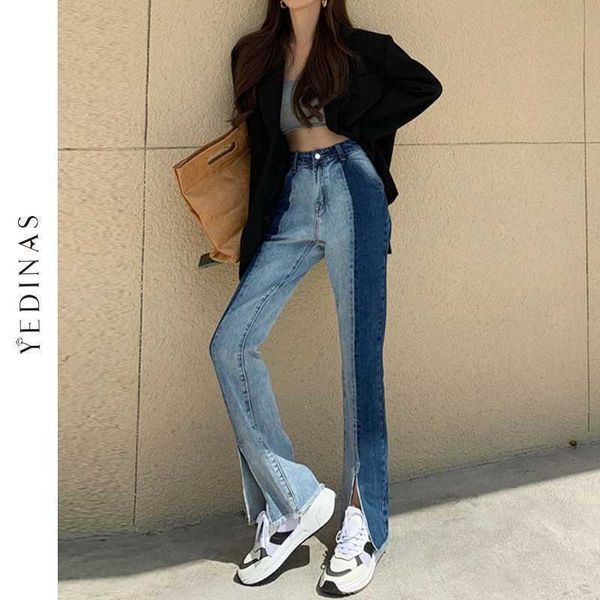 Yedinas Vintage Split Jeans Donna Vita alta Slim Flare Designer Donna Pantaloni in denim patchwork a contrasto di colore coreano 210527