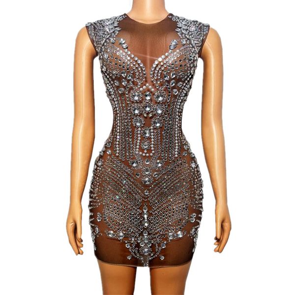 

luxury prom birthday celebrate evening party dress rhinestones gown show stage wear fashion see through crystals mesh sleeveless short dress, White;black