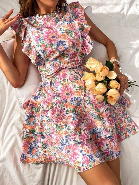 

floral print backless layered hem belted dress j2rf#, Black;gray
