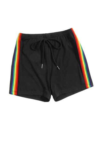 

drawstring waist rainbow striped side shorts 28my#, White;black