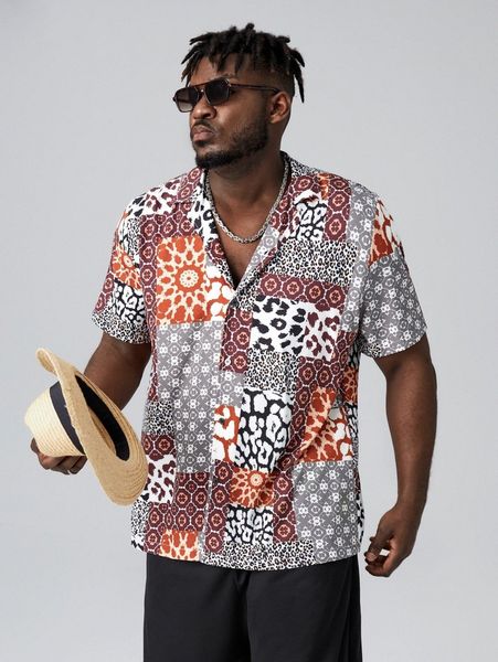 

extended sizes men patchwork print shirt b4gr#, White;black