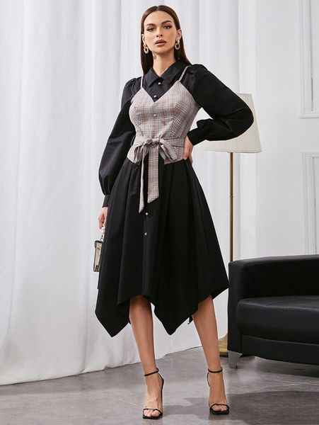 

plaid lantern sleeve asymmetrical hem belted 2 in 1 dress w3y0#, Black;gray