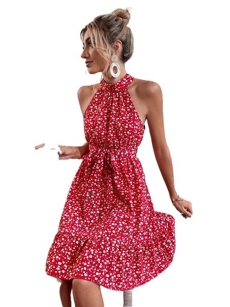 

halter neck ditsy floral print belted ruffle hem dress d6xq#, Black;gray