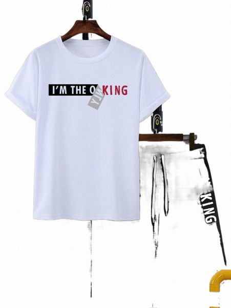 

men slogan graphic tee & drawstring waist shorts p7ve#, Gray