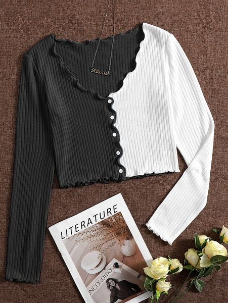 

colorblock lettuce trim button front rib-knit crop tee d7s4#, White