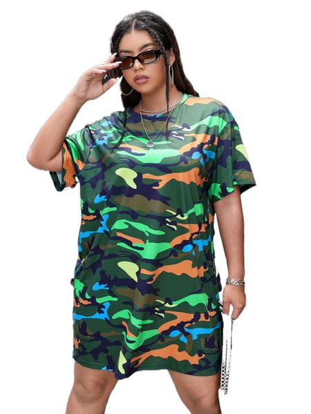 

plus camo print drop shoulder dress c9gi#, Black