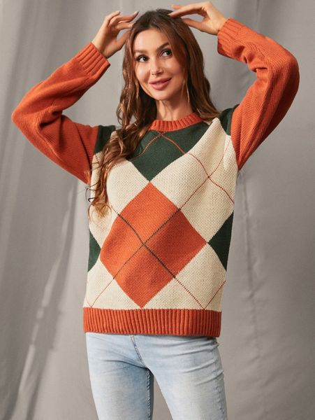 

luukse argyle pattern drop shoulder sweater d148#, White;black