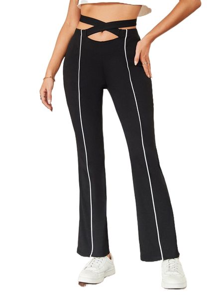 

striped crisscross flare leg pants 79wm#, Black;white