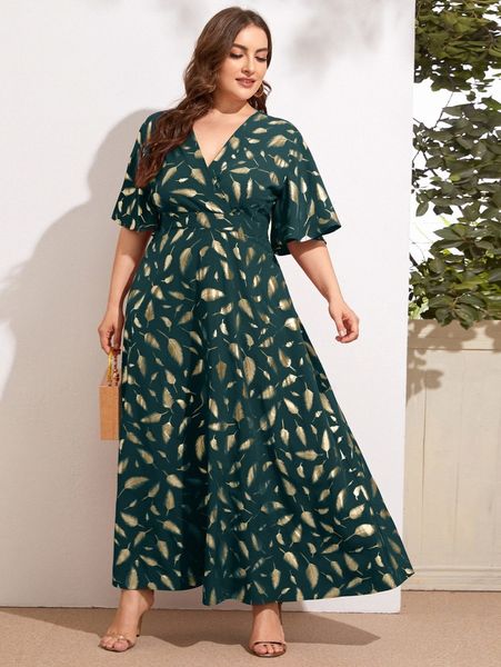 

plus feather print surplice maxi dress q754#, Black