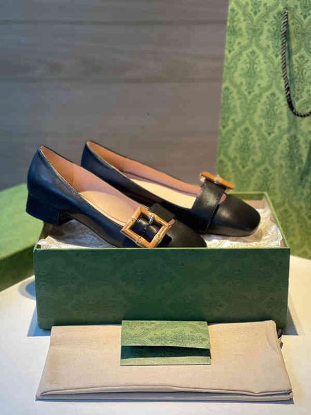 

dress shoes high end luxury bamboo square buckle single shoes women's flat bottom shallow mouth ballet thick heels, Black