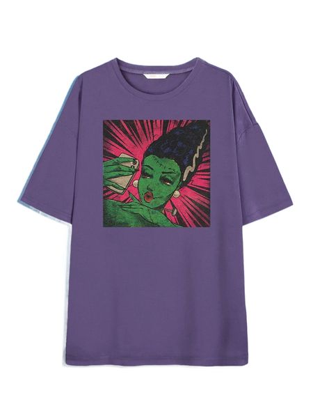 

romwe x hanbutvintage cartoon figure print oversized tee x0zh#, White