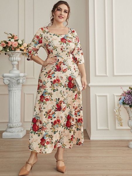 

plus random floral print scoop neck dress q9rj#, Black
