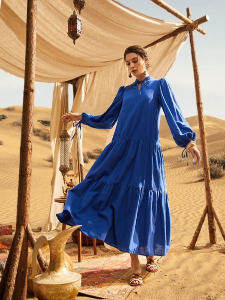 

tie neck bishop sleeve smock dress 55ol#, Black;gray