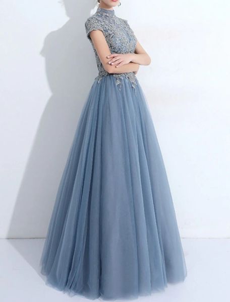 

a-line elegant vintage quinceanera prom dress high neck short sleeve floor length tulle with pleats appliques, Black