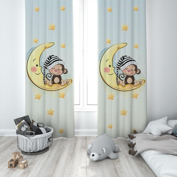 Vorhang-Vorhänge, niedlicher Affe, der im sternenklaren Mond schläft, Baby-Junge, Kinderzimmer, spezielles Design, Baldachin, Haken, Knopf, Verdunkelung, eifersüchtiges Fenster