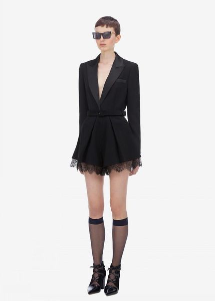 Macacões femininos Rompers Rompers curto etono em Vothwork renda de renda longa vem com o cinto escritório Lady Black Blazer Mujerwomen's