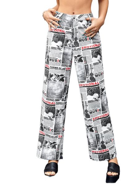 

newspaper print wide leg pants b4pc#, Black;white