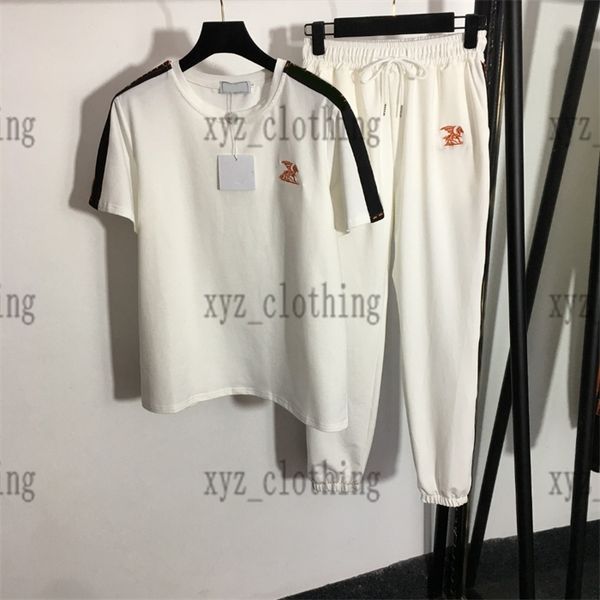 

womens pants sets high-end tracksuits white t shirts with long pants embroidery round neck t-shirts elastic waist casual trousers 2022 newly