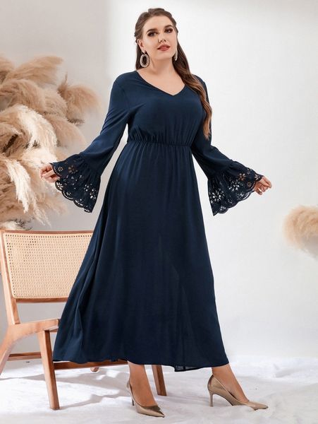 

plus laser cut scallop trim flounce sleeve dress l9xh#, Black