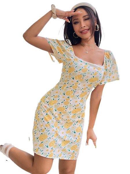 

allover floral print square neck dress r1rv#, Black;gray