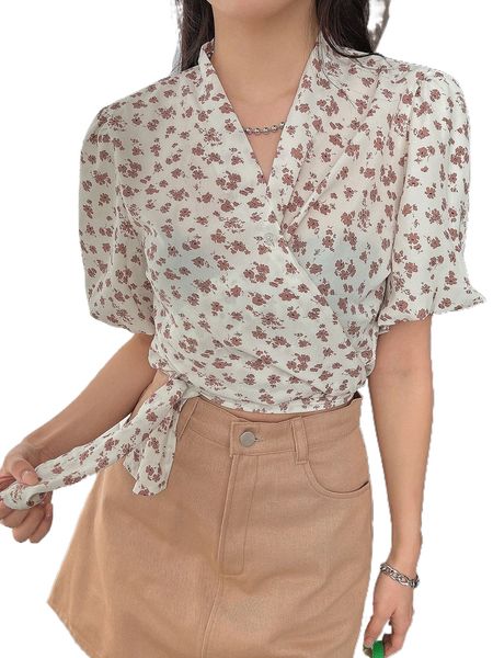 

dazy ditsy floral puff sleeve knot side blouse w4mo#, White