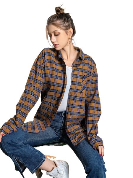 

plaid button front drop shoulder blouse b095#, White