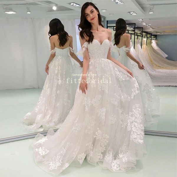

off-shoulder sweetheart full appliques long a-line wedding dress, White