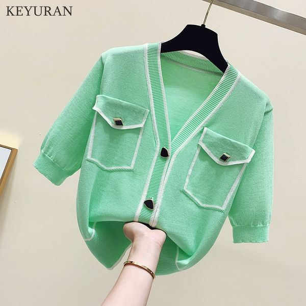

2022 summer knitted cardigan women korean chic green contrast color single breasted v-neck short sleeve knitwear crop femme, White