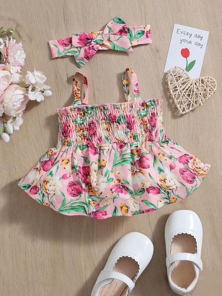 

baby floral print shirred frill trim cami with headband she, Blue