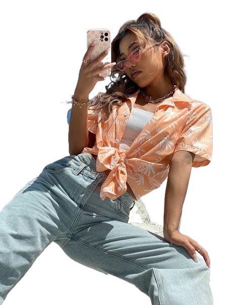 

letter & tropical graphic longline blouse 85vx#, White