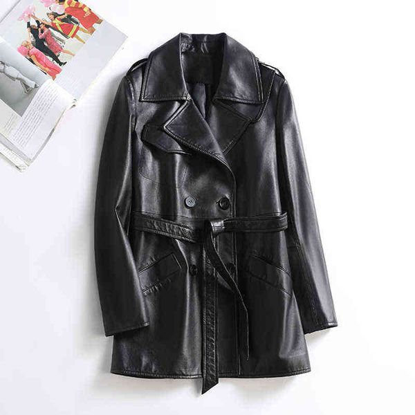 

leather jacket long women 2022 newcomers real sheepskin trench coat with belt lady overcoat cl4030 j220727, Black