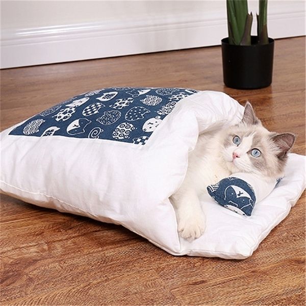 Cama de gato japonês Saco de dormir quente sono profundo inverno removível animal de estimação cão casa s ninho almofada com travesseiro 220323